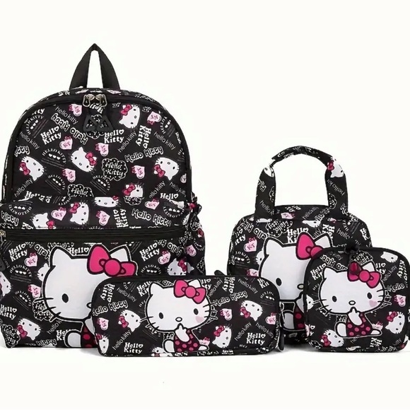 Hello Kitty Black and Pink Backpack 4pc Set New